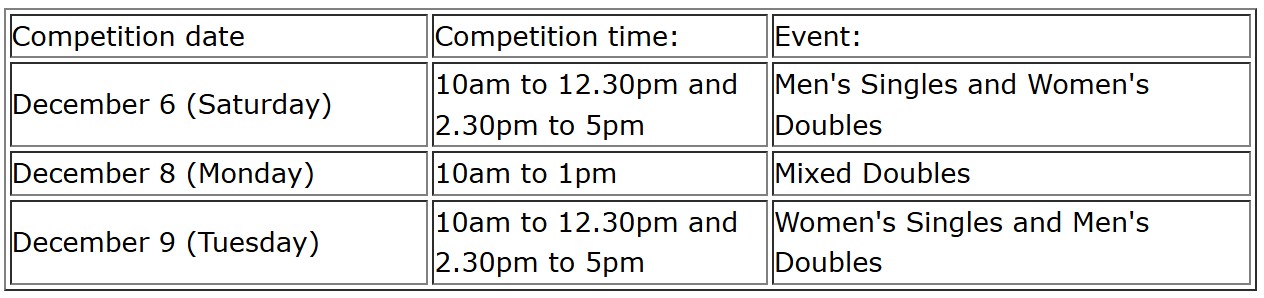 NSOG Table Tennis Competition Schedule