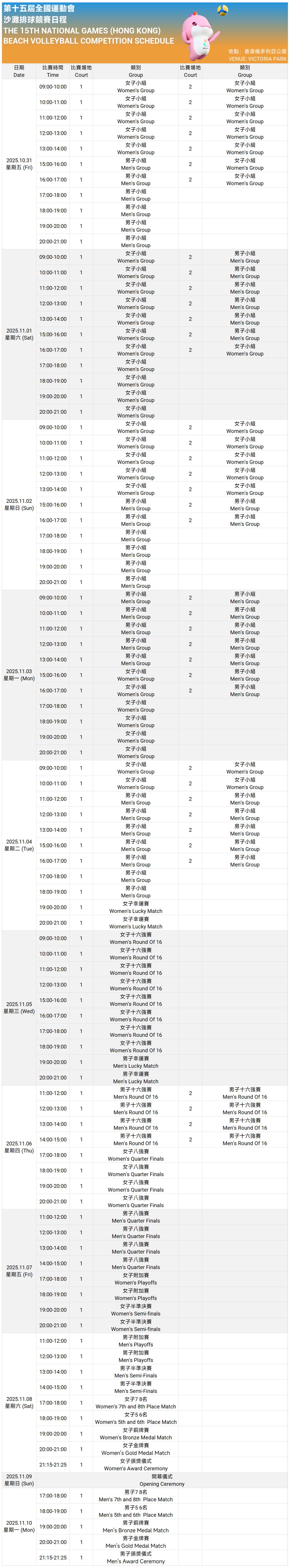 沙灘排球 – 每日賽程