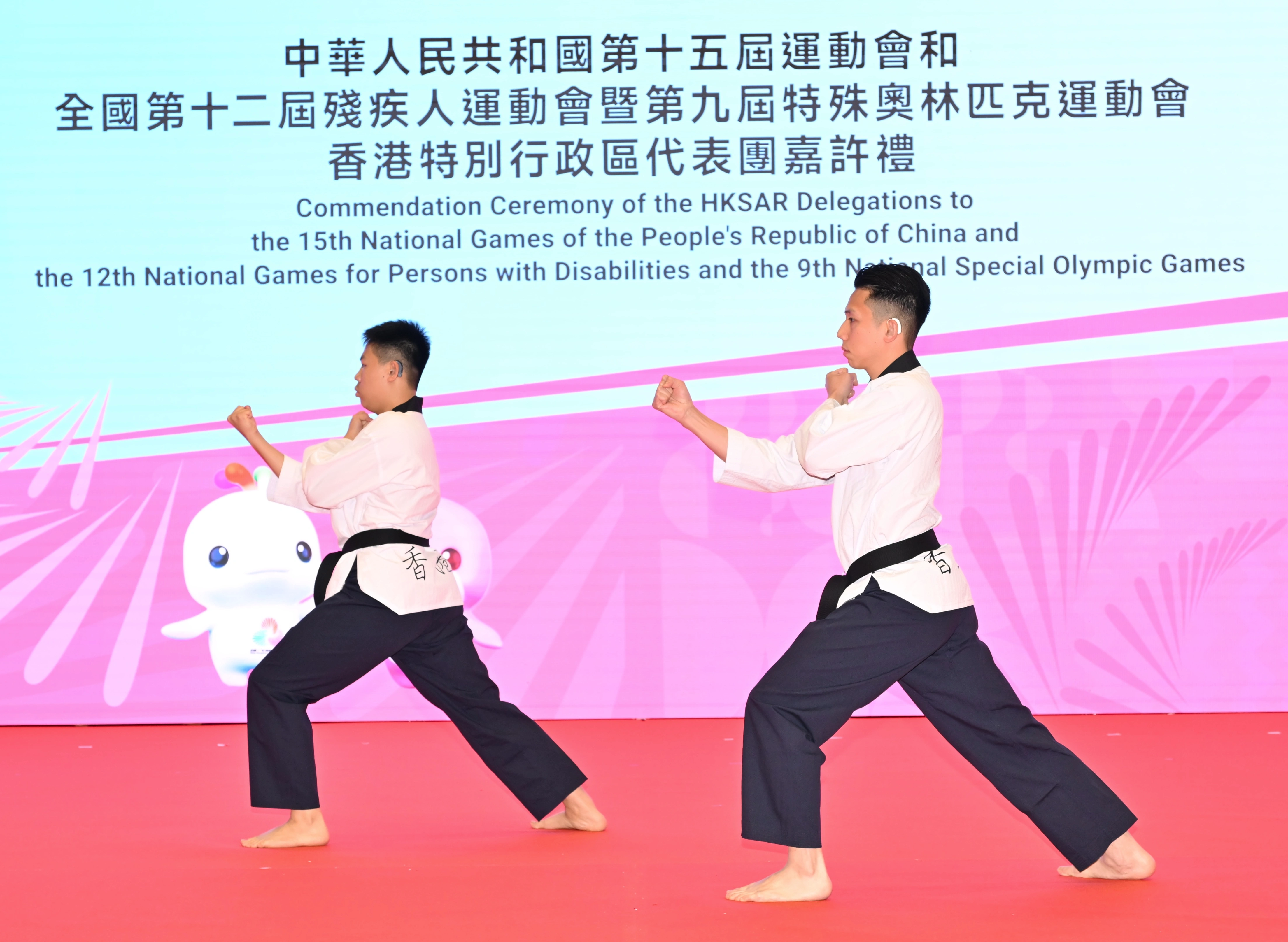 中华人民共和国第十五届运动会和第十二届残疾人运动会暨第九届特殊奥林匹克运动会香港特别行政区代表团嘉许礼二月十二日在马鞍山体育馆举行。图示跆拳道运动员何念澄和李柏醇在典礼上进行示范表演。